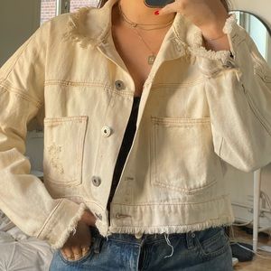 Distressed Acid Wash Cream Denim Jacket